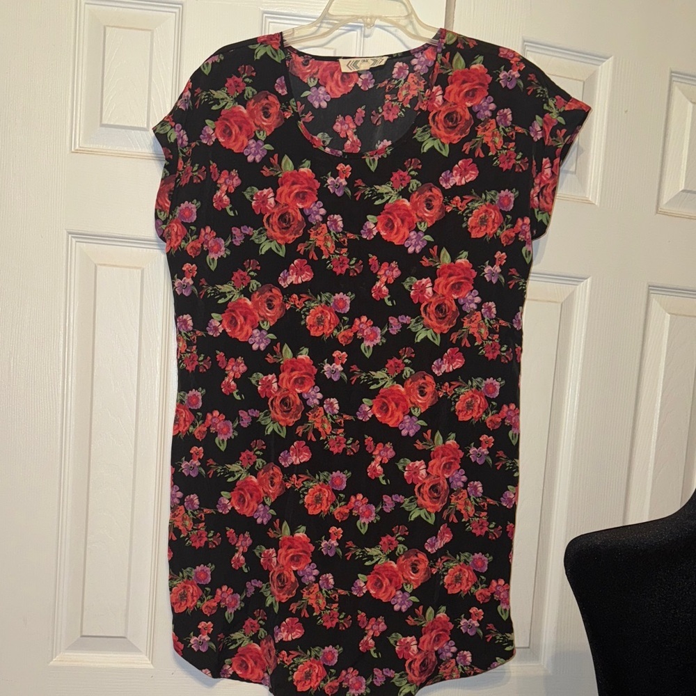 Pink Rose Black Top with Red and Purple Floral Design